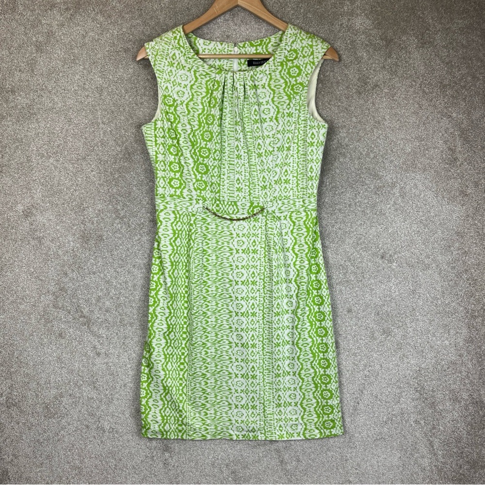 Ellen Tracy Dress Womens 6 Green White Ikat Print Sleeveless Chain Detail- 3593